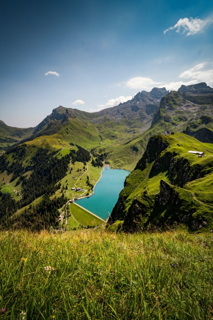 Lago alpino con montañas verdes en los Alpes suizos.