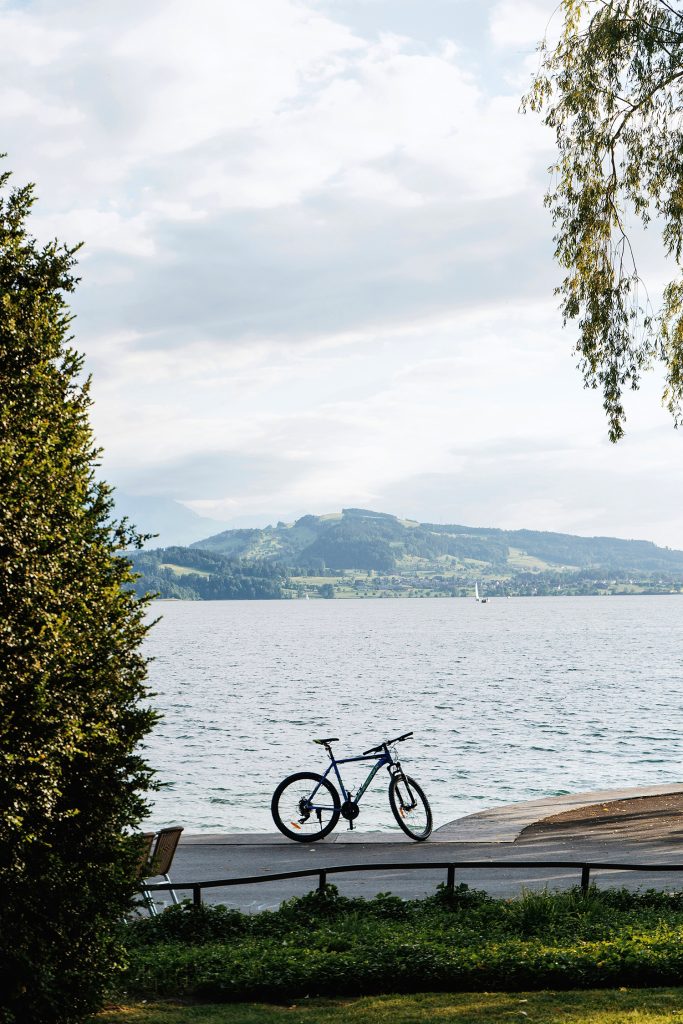 Lago de Zug en primavera con vistas a los Alpes suizos.