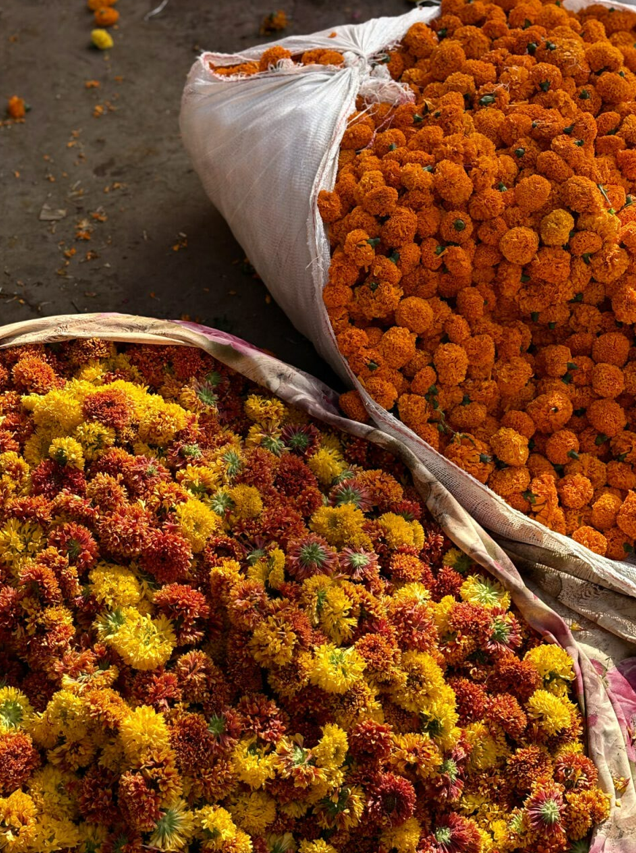 Mercado de flores tradicionales en India con guirnaldas utilizadas en templos y ceremonias religiosas.