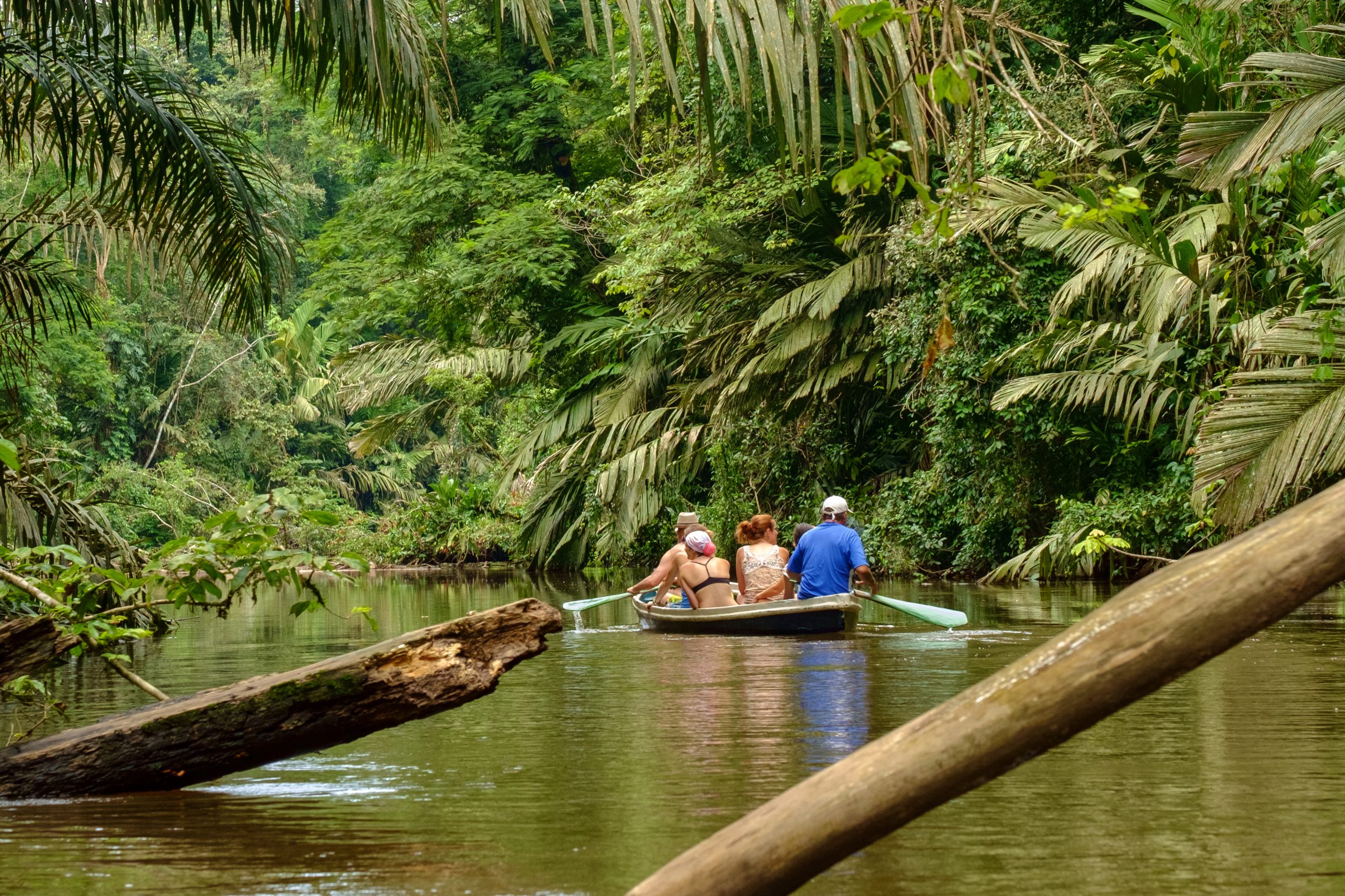 Grupo de personas remando en un bote pequeño por un canal verde en la selva de Costa Rica.