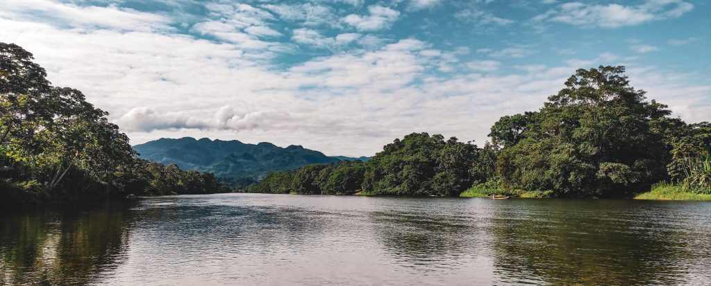 Vista panorámica de un río sereno fluyendo entre la densa selva verde de Costa Rica con montañas al fondo.